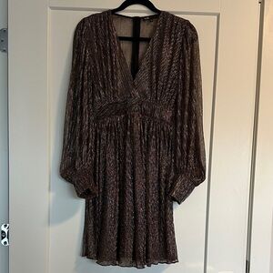 Maje Metallic Brown Pleated V-Neck Long Sleeve Dress